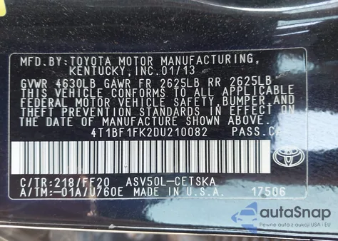 2013 Toyota Camry Se из США, поврежденный, VIN 4T1BF1FK2DU210082